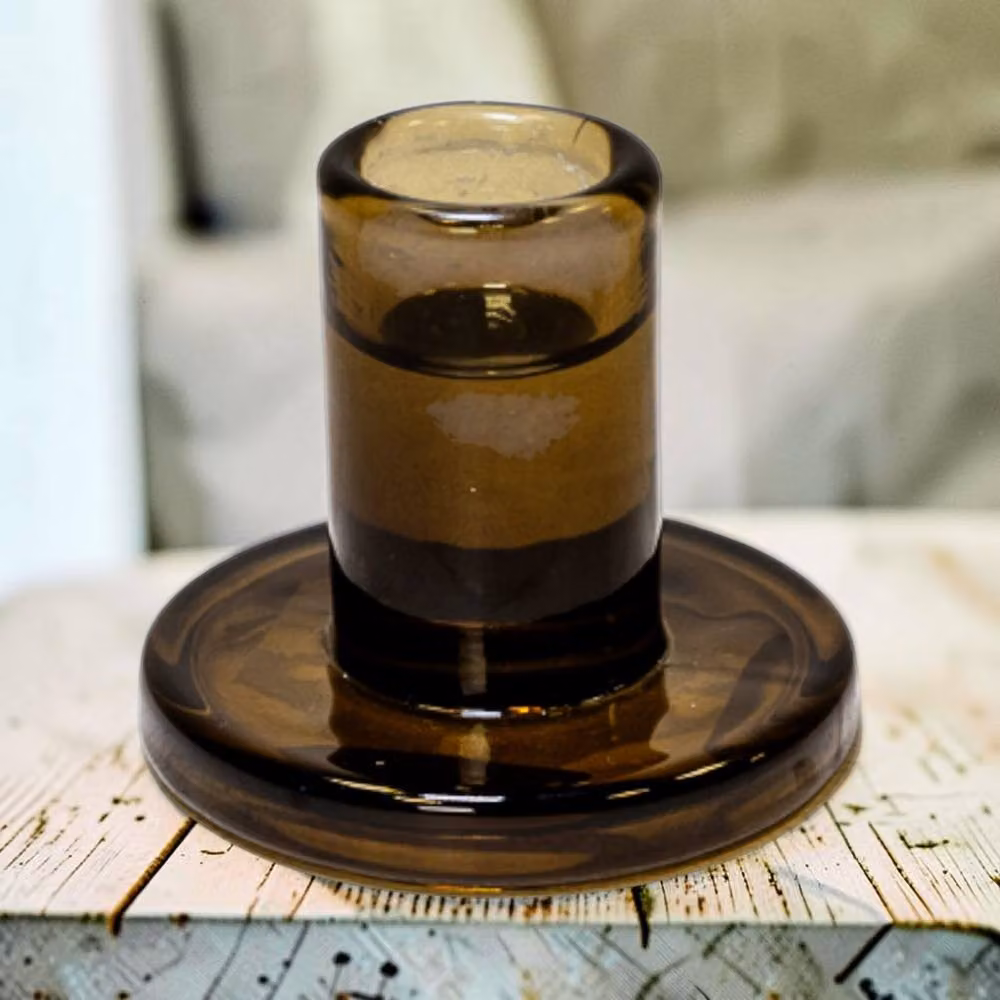 Four Candle Modern Round Glass Tabletop Candle Holder in Green and Brown, W/D/H: 7.0 x 6.0 x 4.0 cm – 2