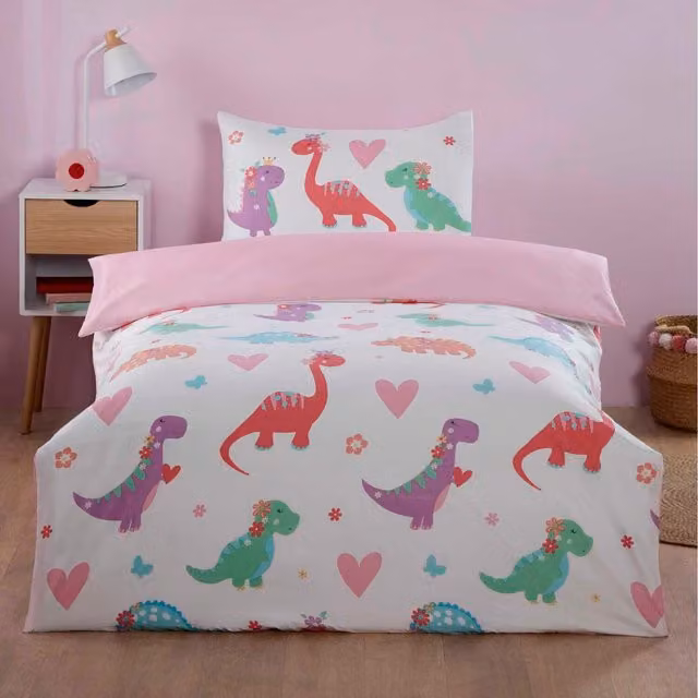 Rapport Home Dino Daisy Microfibre Polyester Duvet Set and Pillowcase, Multicolour/Pink, W: 135 cm, H: 200 cm, Pillowcase: 90 x 200 cm