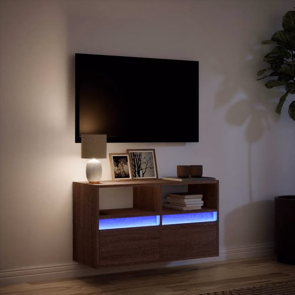 Berkfield Home Modern TV Wall Cabinet with LED Lights in Brown Oak, W/D/H: 80 x 31 x 45 cm – 5