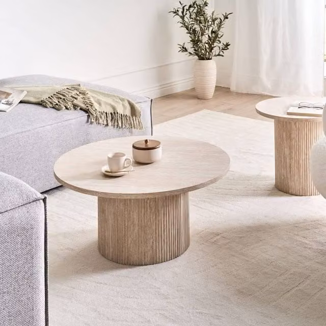 Wyld and Coco Beige Round Coffee Table with MDF Top and Fluted Base, Diameter: 80 cm, H x W x D: 38 x 80 x 40 cm