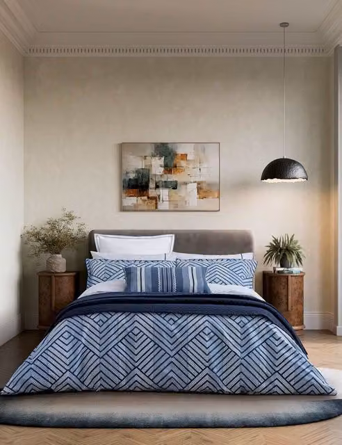 Bedeck of Belfast Kayah Reversible Graphic Cotton Bedding Set with Pillowcase, Blue, W: 140 cm, L: 200 cm