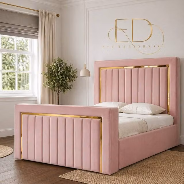 Stratus Interiors Emperor Pink Velvet TV Bed with Gold and Silver Trim Panel Border, Small Double, W/D/H: 120 x 200 cm – 1