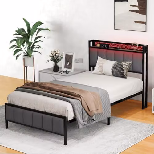 Levede Grey Upholstered Single Bed Frame with USB Charging Port, Bedside Shelf and Side Compartments, W/D/H: 90 x 190 x 86 cm – 7