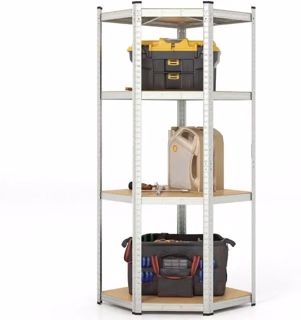 Kelvenix 4-Tier Adjustable Metal Corner Shelving Unit in Silver, H 180 x W 100 x D 52 cm – 1