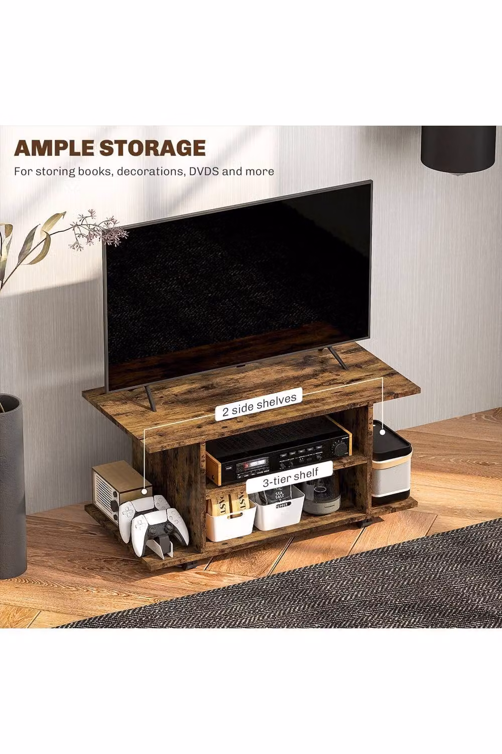 ERGOVEXA Mobile TV Cabinet Stand with Storage Shelves and Castors, Rustic Brown, W: 80 cm, D: 40 cm, H: 40 cm – 2