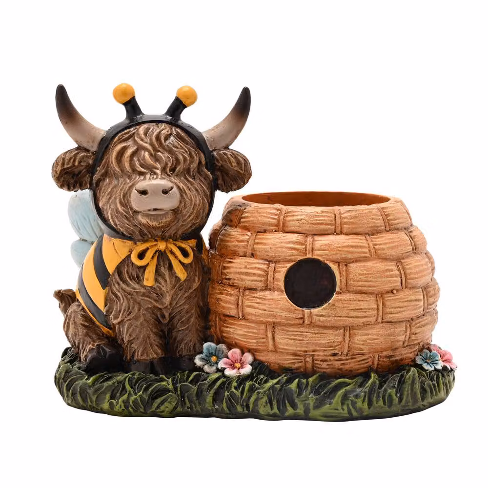 Country Living Highland Cow With Beehive Ceramic Planter in Brown – 2