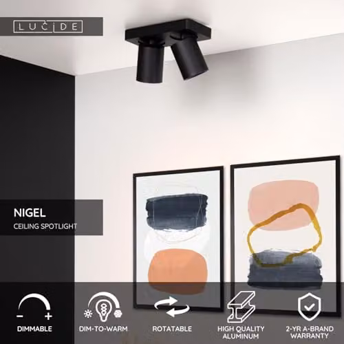 Lucide Nigel Dimmable LED Ceiling Spotlight, Black Aluminium Cylinder, GU10 – 2
