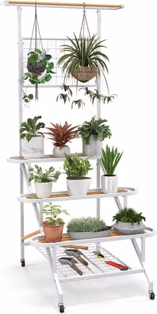COSTWAY Modern 4-Tier Metal Ladder Planter Stand in White