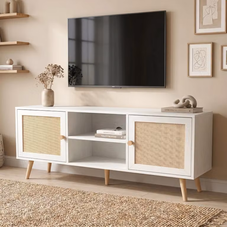 Wovena White Rattan TV Unit with 2 Door Storage Cabinet, W/D/H: 140 x 40 x 55 cm