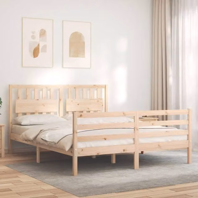 Berkfield Home Beautiful King Size Solid Pine Wood Bed Frame with Headboard in Natural