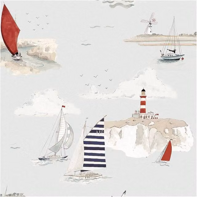 Sophie Allport Coastal Boats Cottesmore Sky Wallpaper in Blue, W: 52 cm, H: 1000 cm – 1