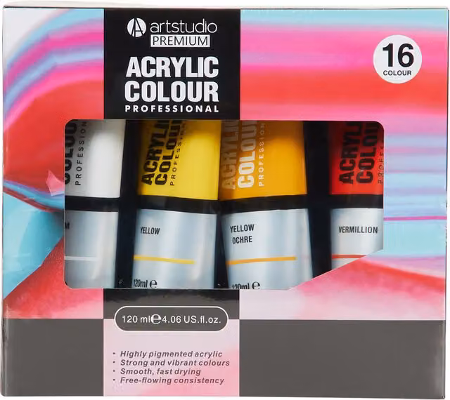 Art Studio Professional Acrylic Colours, 16 Pack, Multicolour