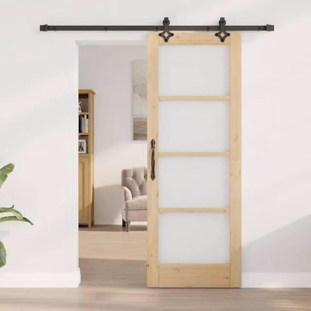 Berkfield Home Orkdal Sliding Door with Hardware Set in Beige, Solid Wood and Glass, H: 198.5 cm, W: 73.5 cm