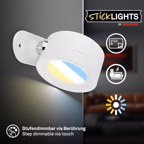 Briloner Rechargeable Cordless LED Wall Light, Dimmable and Touch Controlled, White, W/D/H: 9 x 7.5 x 4 cm – 8