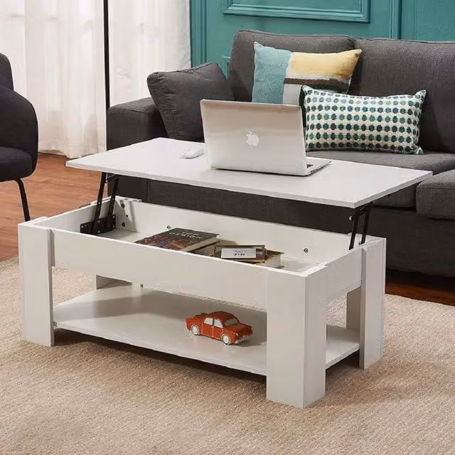EONLION White Wooden Lift-Top Coffee Table and Storage Ottoman