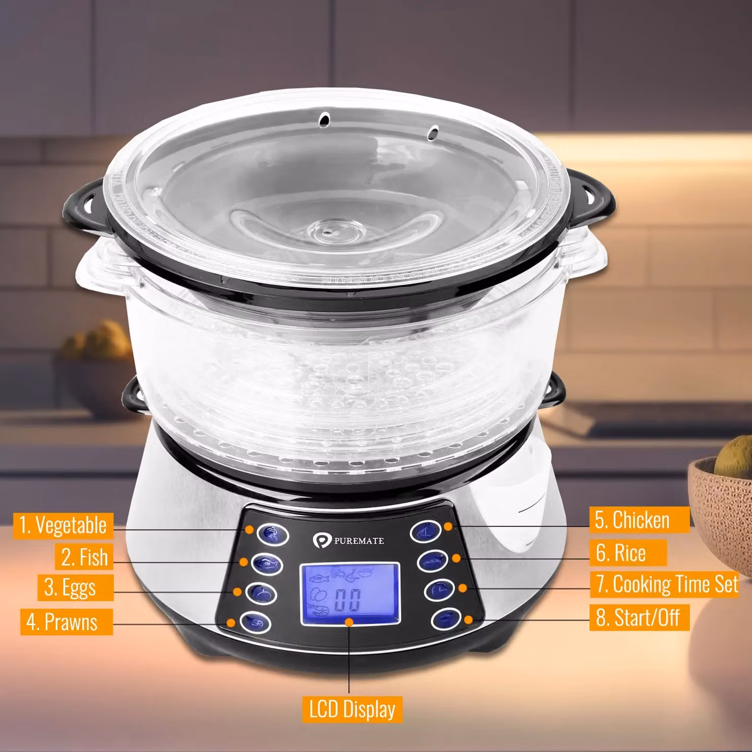 PureMate NaturoPure 3 Tier Electric Food Steamer in Silver, 11.5L Capacity with 800W Power, 6 Preset Cooking Modes and Digital Timer – 4