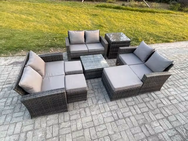 Fimous Outdoor Lounge Sofa Set in Dark Grey PE Rattan with Square Coffee Table, 3 Footstools and Side Table