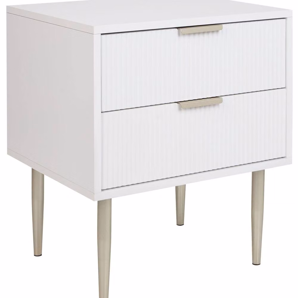 Wyld and Coco Modern White MDF Bedside Table with Two Drawers and Metal Legs – 2