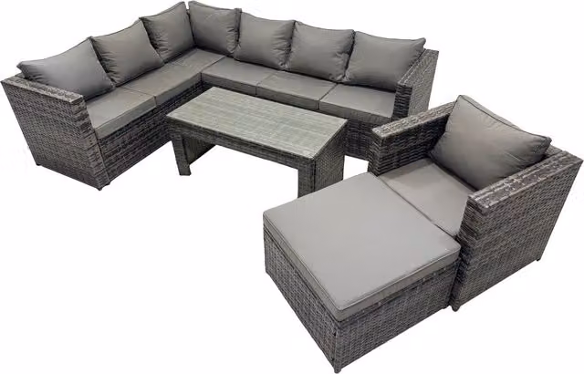 Fimous 5-Piece Rattan Corner Sofa Set with Cushions and Glass Coffee Table in Dark Grey