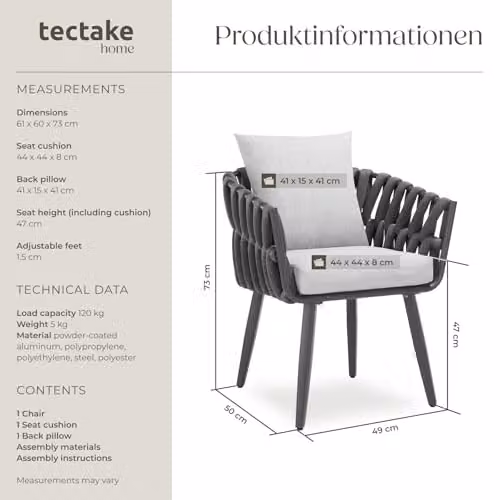 tectake Lugano Armchair in Rope Design with Aluminium Frame in Grey – 2