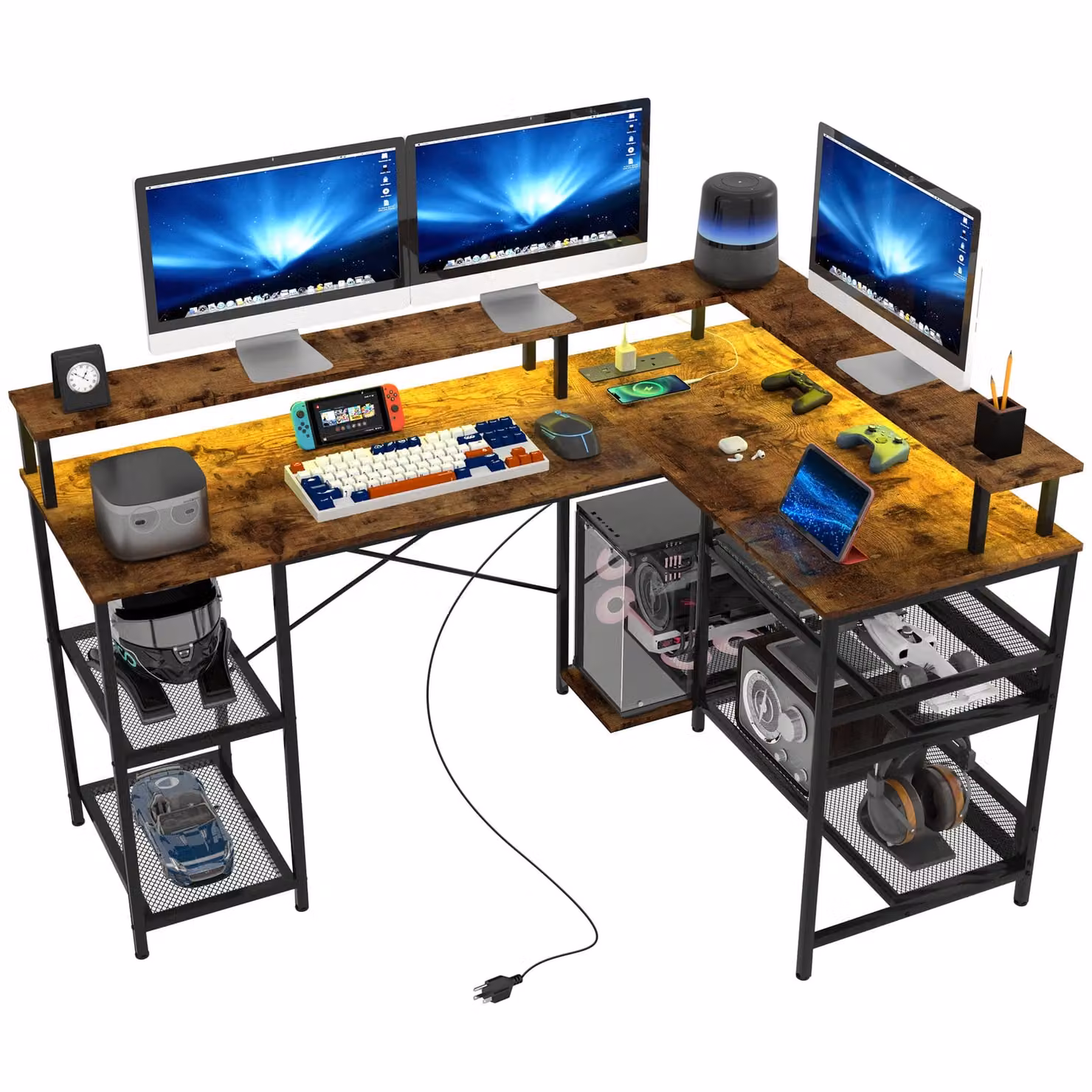 HOMCOM L-Shaped Gaming Desk with LED Lights and Power Outlets in Brown – 1