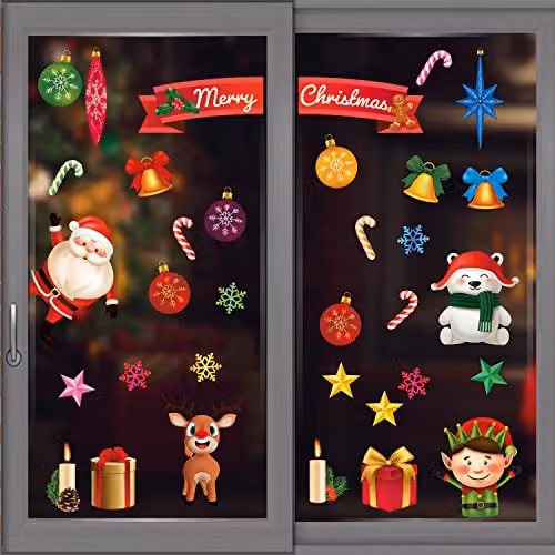 WALPLUS Christmas Window Stickers, 59 Piece Reusable Double-Sided Multicolour Xmas Window Clings with Stars for Holiday Party Decorations – 1