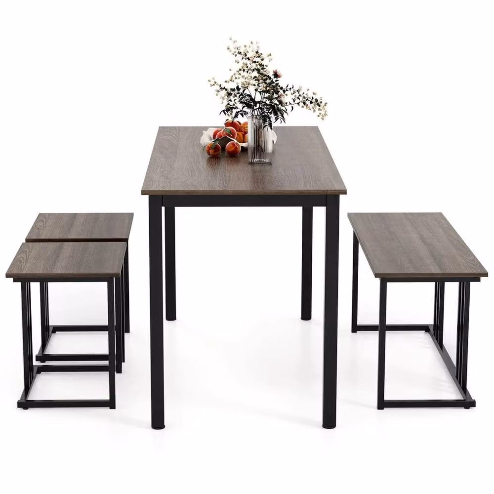 FORGEVIO Industrial Dining Set with Rectangular Wood Table, Bench and 2 Stools for 4 Persons in Grey and Black – 6