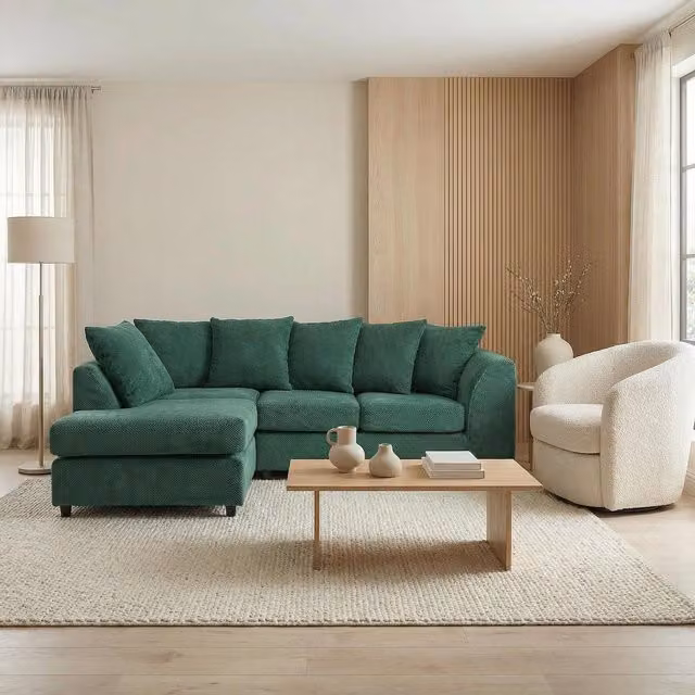 Abakus Direct Jumbo Grid Left Hand Corner Sofa in Green with Scatter Cushions