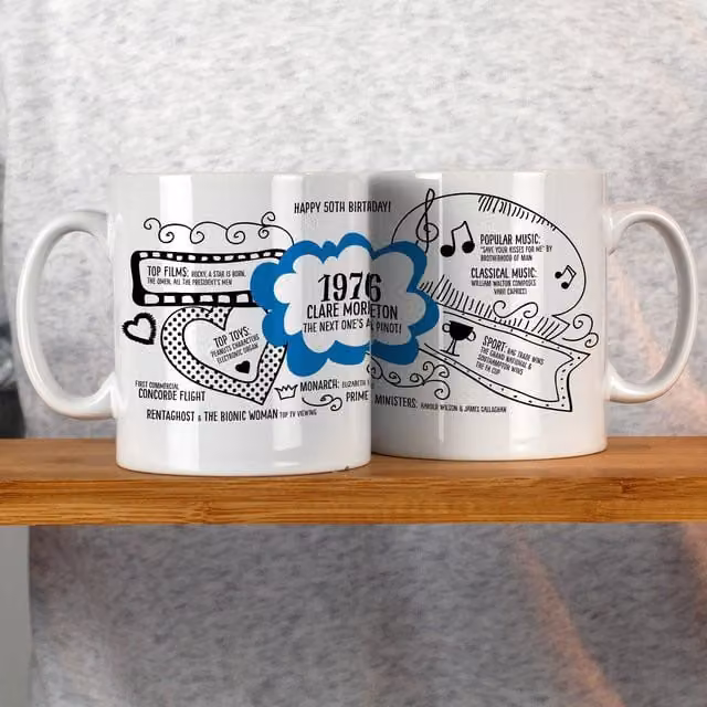 Afewhometruths Personalised 50th Birthday Mug, 1976 Nostalgia Gift in Blue and White – 1