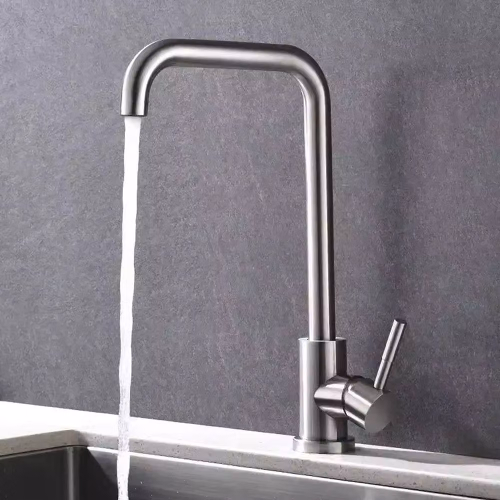 FORGEVIO Single Lever Mono Kitchen Tap with 360 Degree Swivel Spout in Brushed Silver Steel – 1