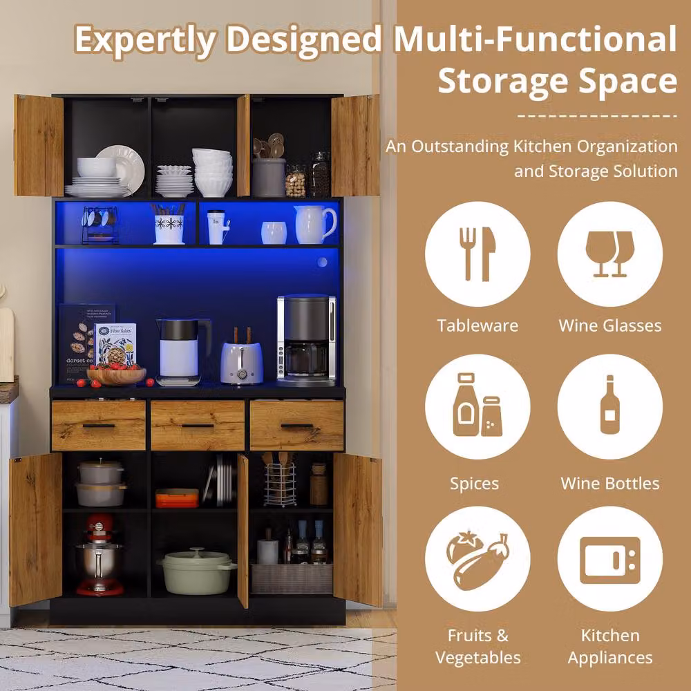 BTM Modern Black Tall Kitchen Pantry Cabinet with Integrated Lighting and Internal Drawers, H 180 cm – 4