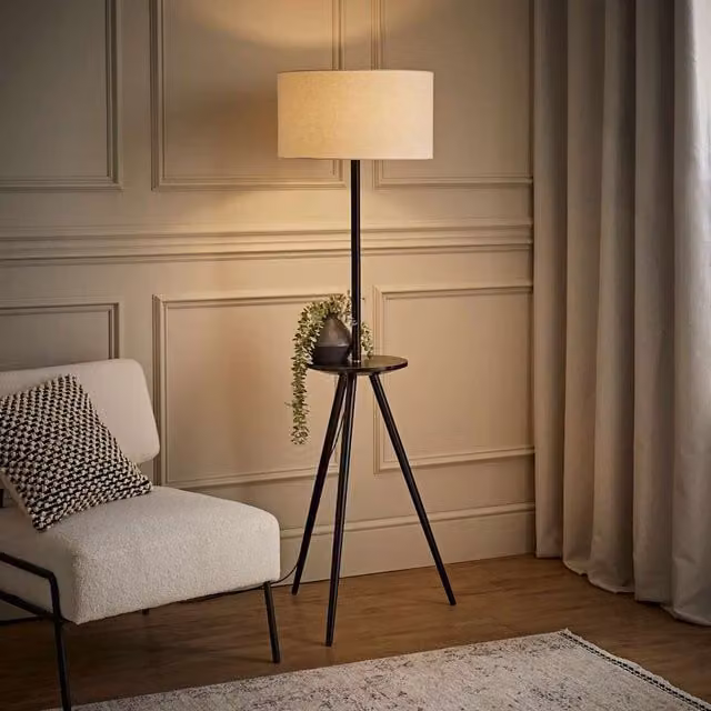 ValueLights Desmond Scandinavian Tripod Floor Lamp with Black Wood Base and Beige Fabric Cylinder Shade