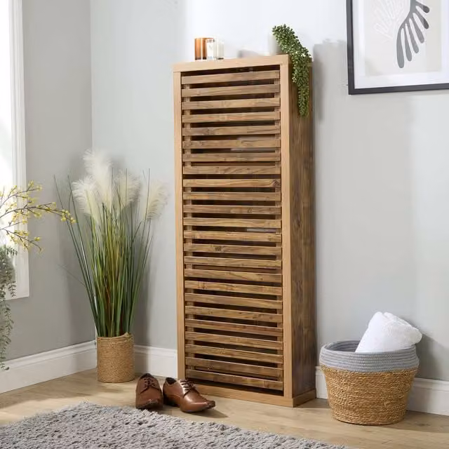 Home Source Luna 3 Door Tall Hallway Shoe Storage Cabinet in Brown Mango Wood Effect