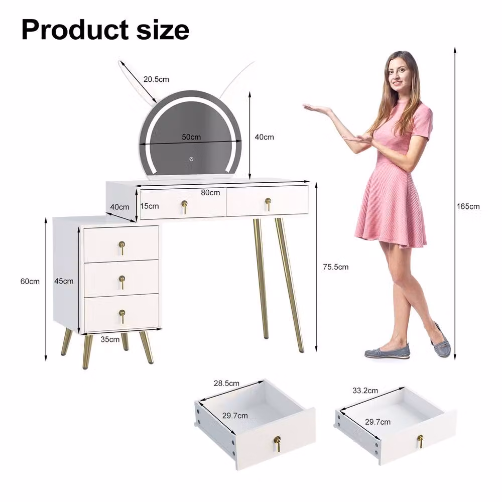 KEEPREAPER Modern Dressing Table with LED Mirror and 5 Drawers in White with Metal Legs – 2