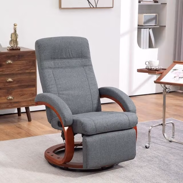 HOMCOM Grey Fabric Swivel Recliner Chair with Extended Footrest and Wood Base – 1