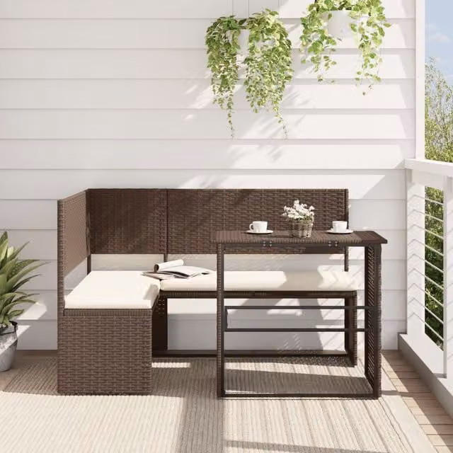 Berkfield Home L-Shaped Brown Poly Rattan Garden Sofa Set with Table and Cushions – 1