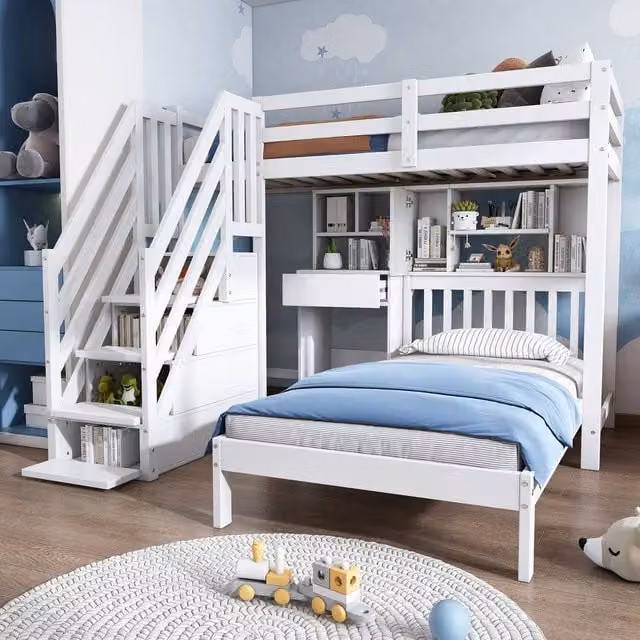 Matteo White Solid Pine House Bunk Bed with Desk, Stairs and Storage for Children, Size: 90 x 200 cm – 1