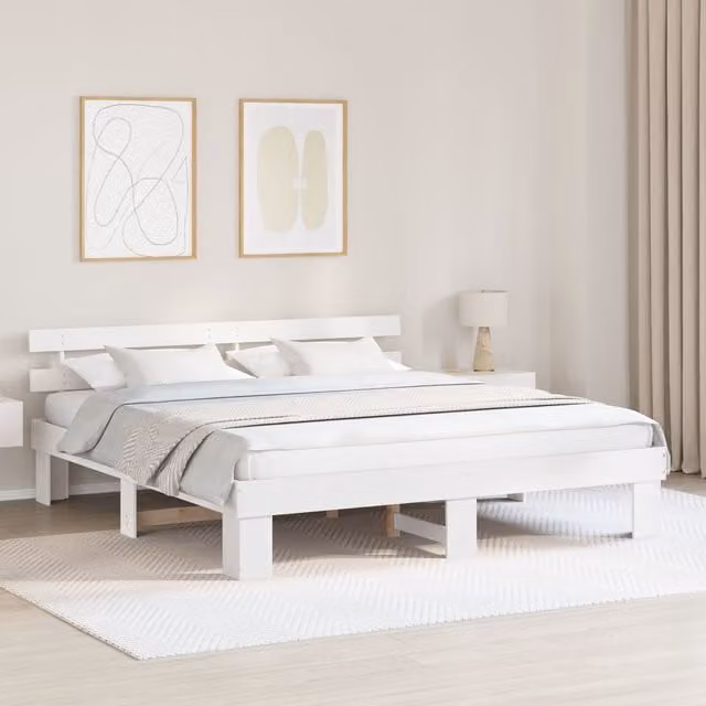 Berkfield Home White Lacquered Solid Pine Bed Frame with Headboard W/D/H: 200 x 200 cm