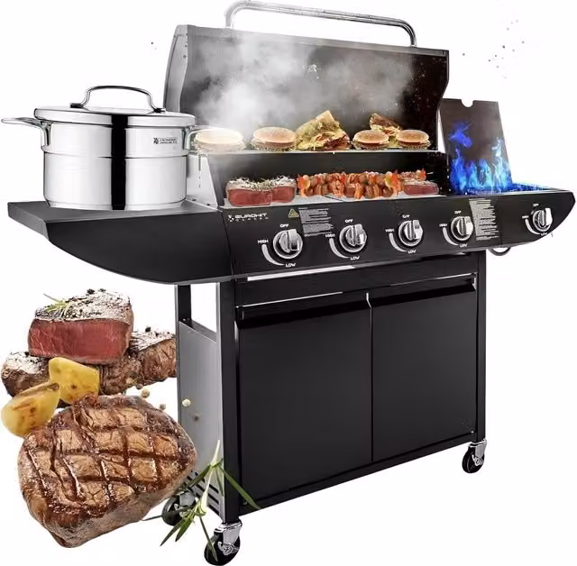 Livingandhome Outdoor Gas BBQ Grill Trolley with Side Shelf, Warming Rack and Thermometer, Black, Width: 130 cm