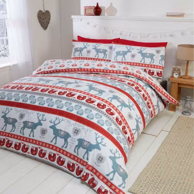 Rapport Home Scandi Christmas Graphic Cotton Duvet Cover and Pillowcase Set, Red, W: 180 cm, L: 200 cm