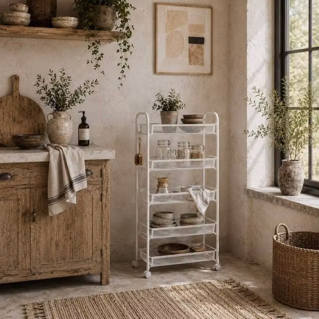 Wyld Haus White 5 Basket Steel Storage Trolley with Wheels, H: 106.0 cm x W: 45.0 cm x D: 26.5 cm
