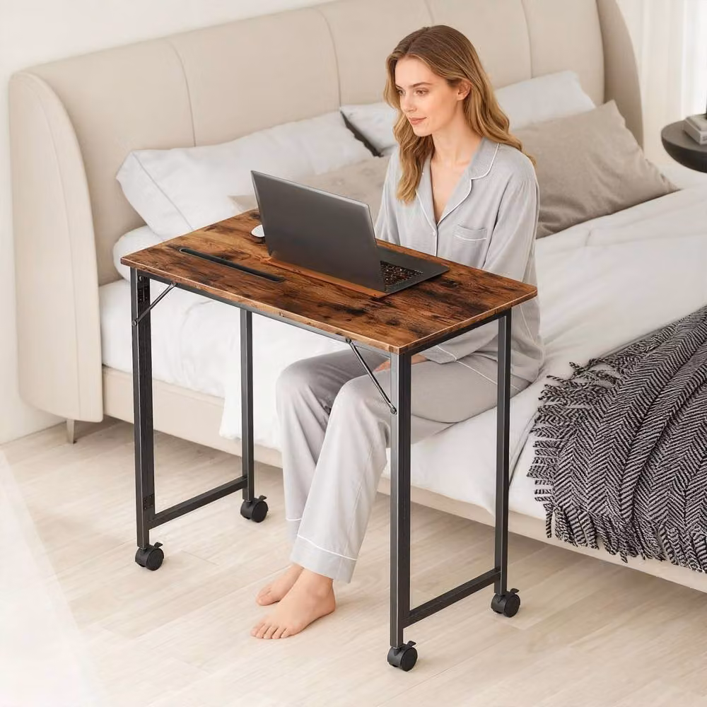Wyld Haus Zika Rustic Brown Folding Writing Desk with Lockable Castors W: 80 cm, H: 75 cm, D: 63 cm – 6