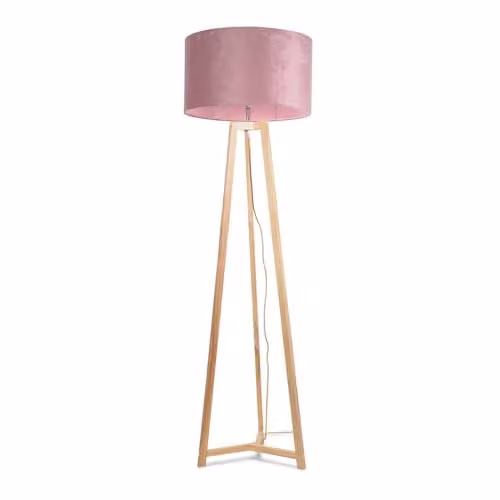 ValueLights Natural Wood Tripod Floor Lamp with Blush Pink Velvet Drum Lampshade and Included LED Bulb