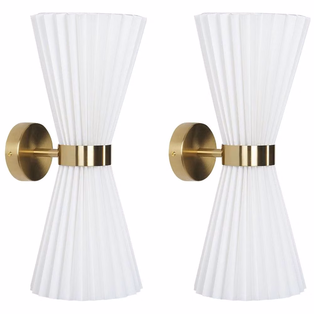 Wyld and Coco Set of 2 Modern White Fabric Shade Wall Lamps with Brass Accents – 2