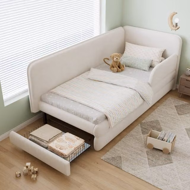 Matteo Beige Velvet Upholstered Single Bed with Storage Drawers, W/D/H: 90 x 190 cm