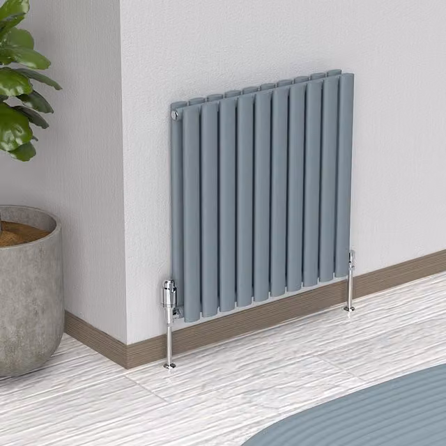 Lux Heat Oval Horizontal Coloured Double Radiator in Pebble Grey, W: 600 mm x H: 540 mm