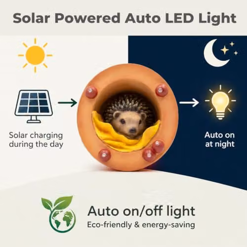 Emitto Hedgehog Solar LED Garden Ornament, Brown Resin Statue – 3