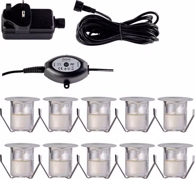 First Choice Lighting Set of 10 Warm White LED Decking Kit in Silver with Photocell and IP67 Rating – 1