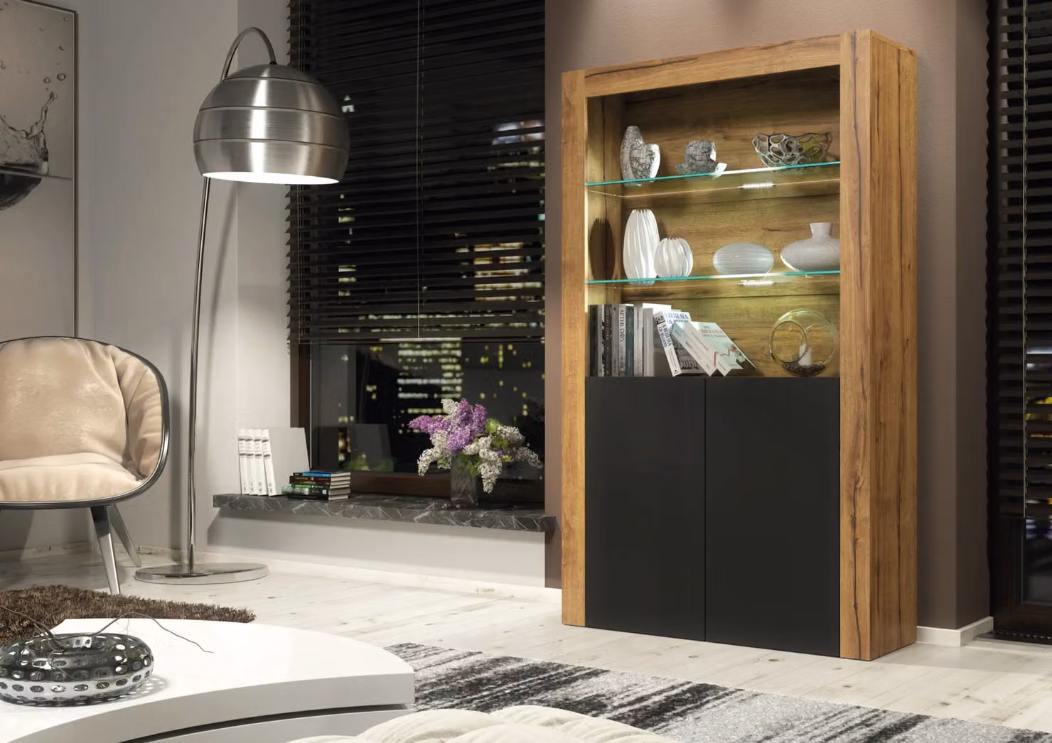 Creative Furniture Modern Oak Sideboard and Black Matt Display Cabinet with LED Lights – 2