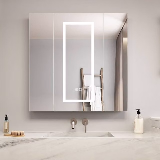 KEEPREAPER Modern White Bathroom Mirror Cabinet with LED Lighting and Anti-Fog Sensor Switch, W/H: 80 x 80 cm – 1